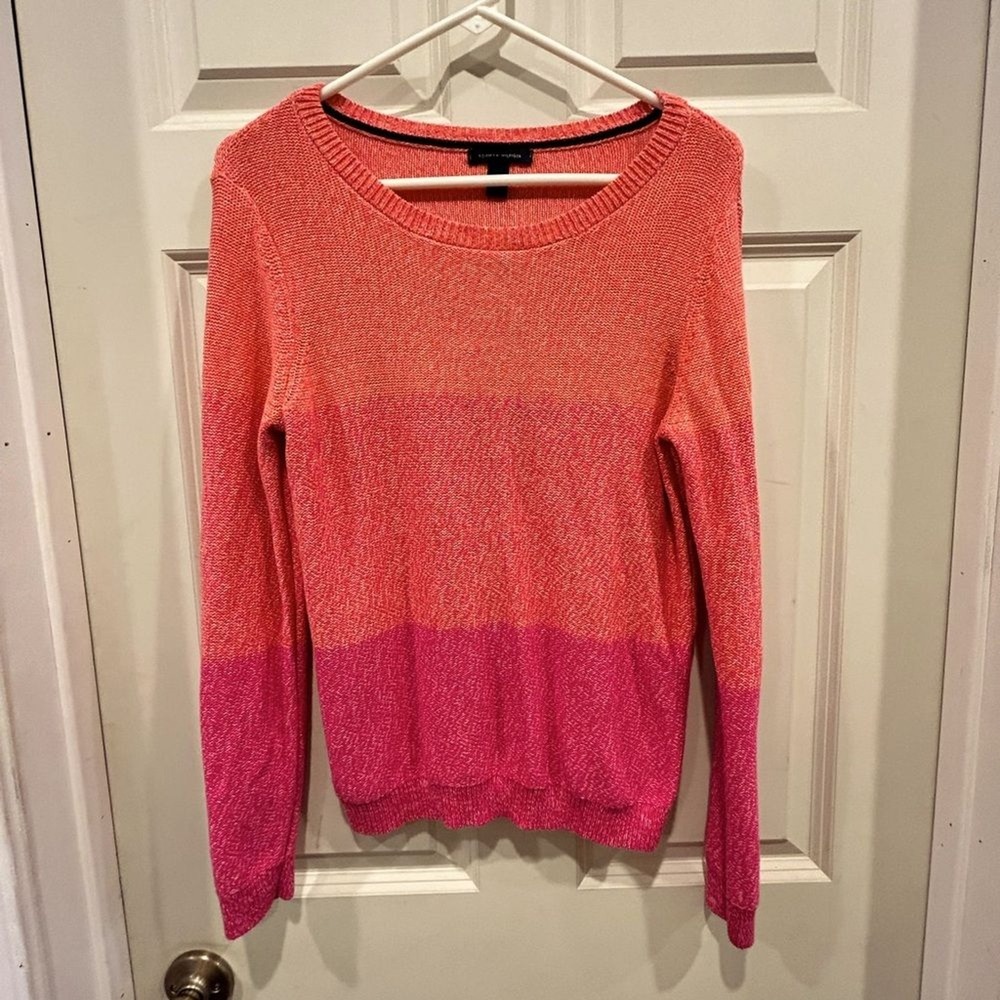 Tommy Hilfiger Womens Medium Pink Orange Colorblock Cotton Crewneck Sweater